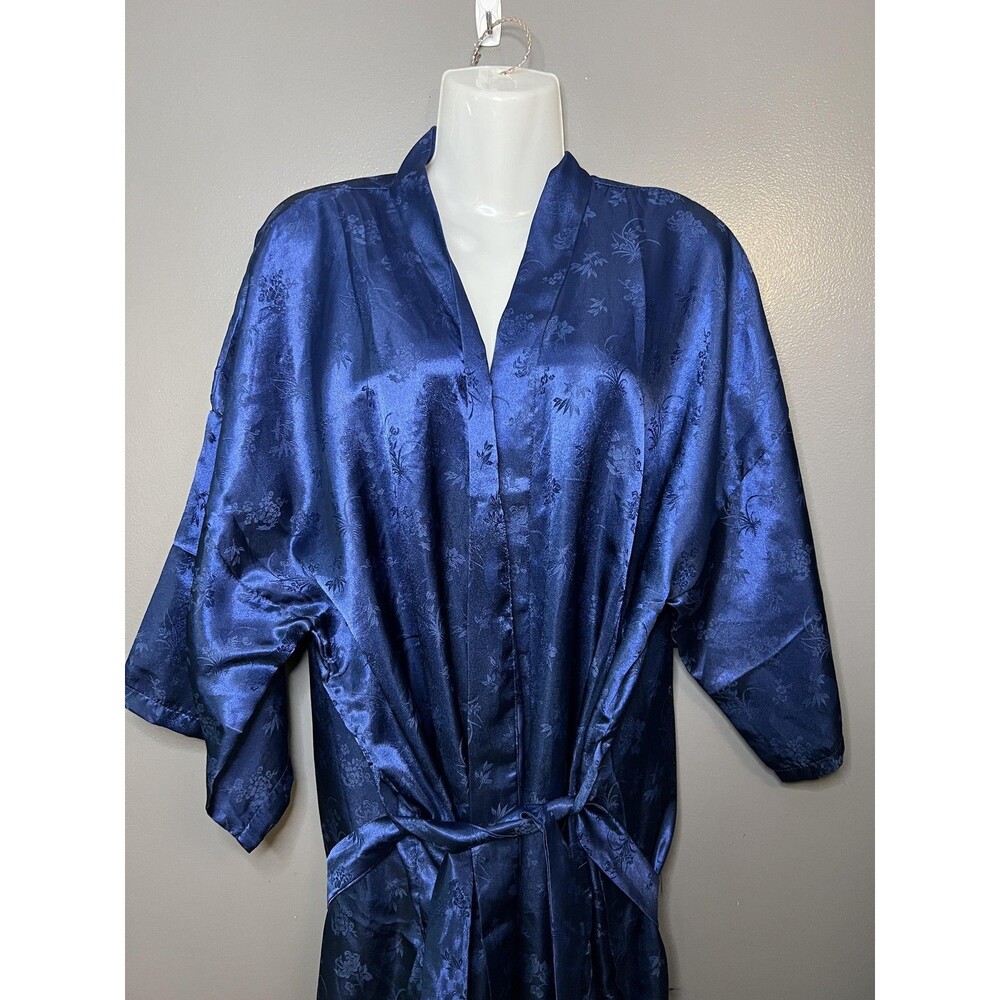 Vintage Oriental Silk Collection Robe Womens S/L Blue Floral Satin Long Kimono